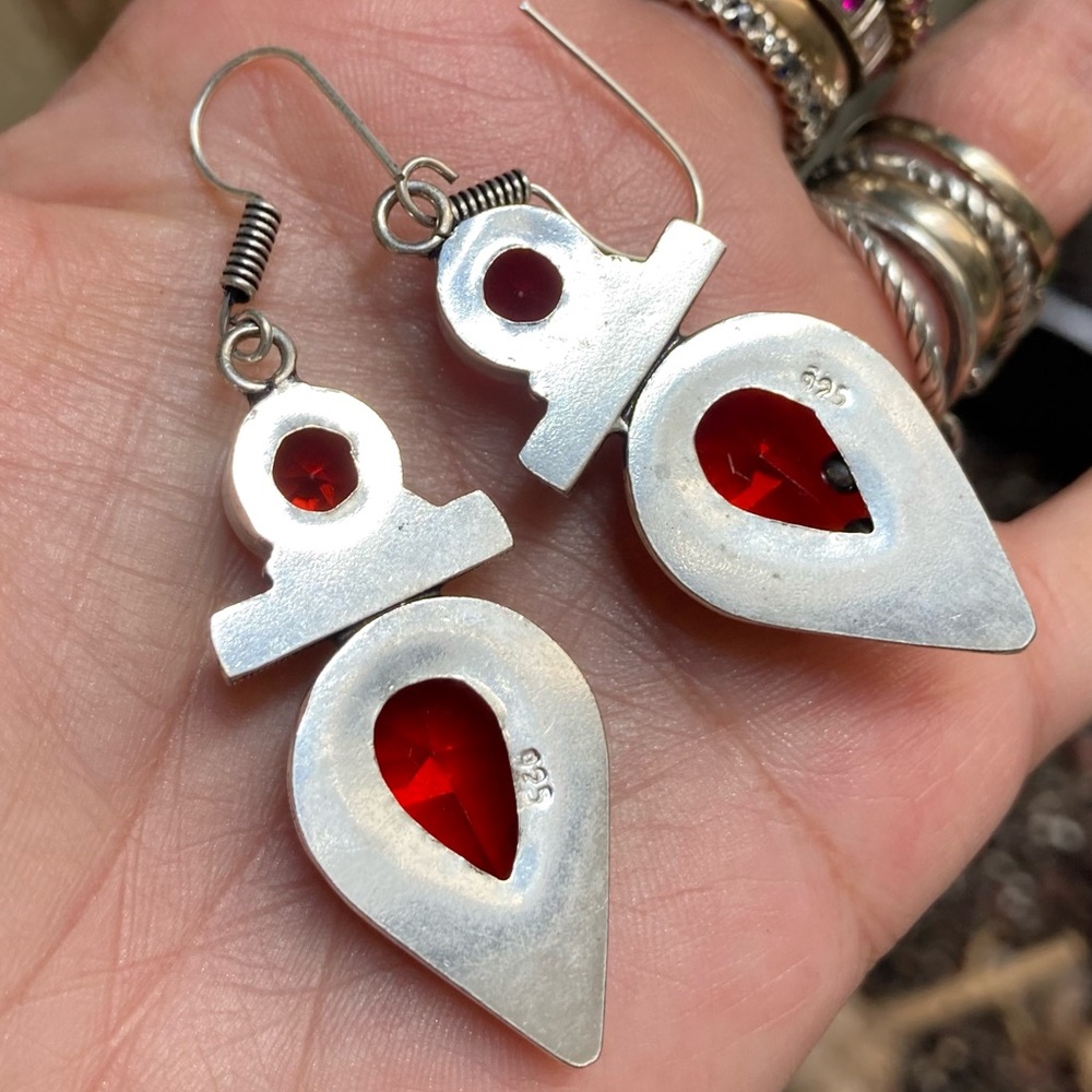 Genuine garnet gemstones 925 sterling silver Overlay dangly boho earrings - Picture 4 of 7